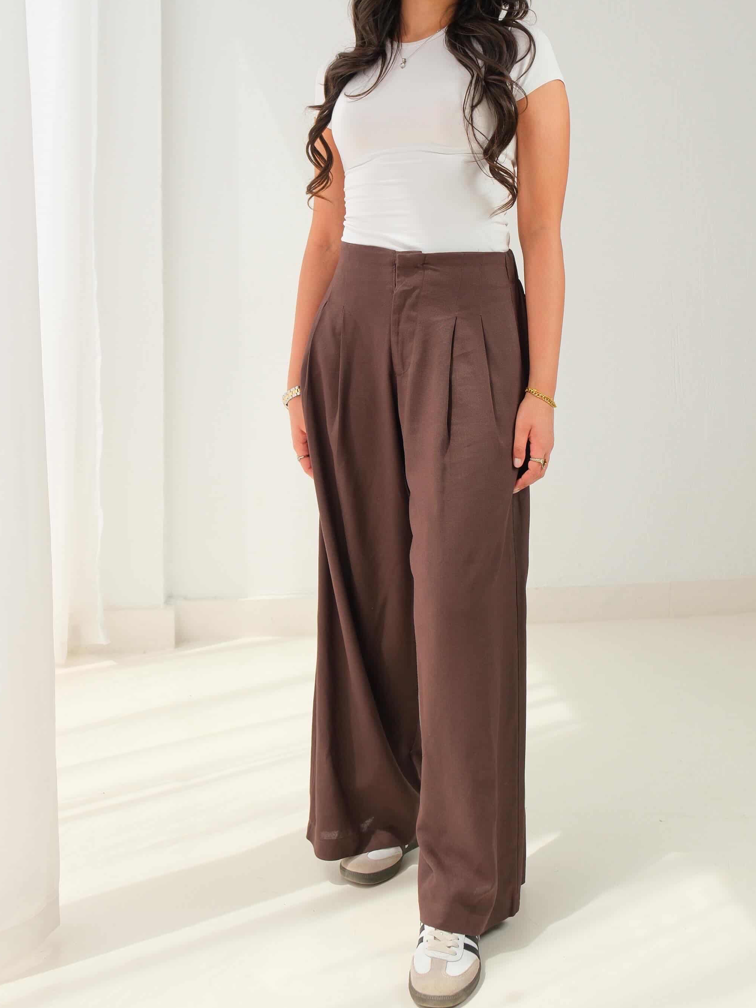 High Waisted Pleated Linen Trousers – Brown